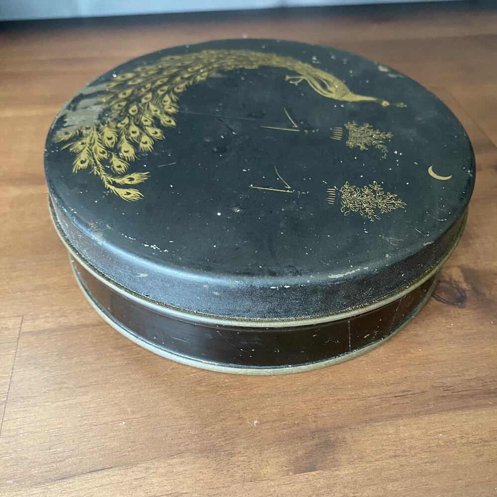 Vintage 1920-30s Round Tindeco Metal Tin Gold Peacock on Black 6” - Picture 6 of 14